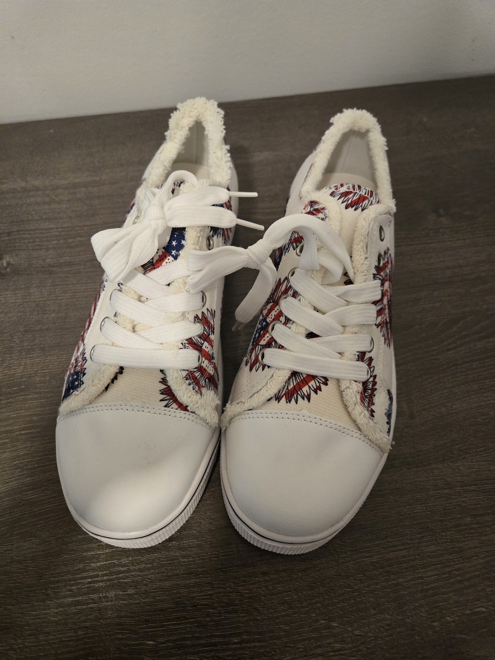 Womens White Canvas Sneakers with Red & Blue Sunflower Print